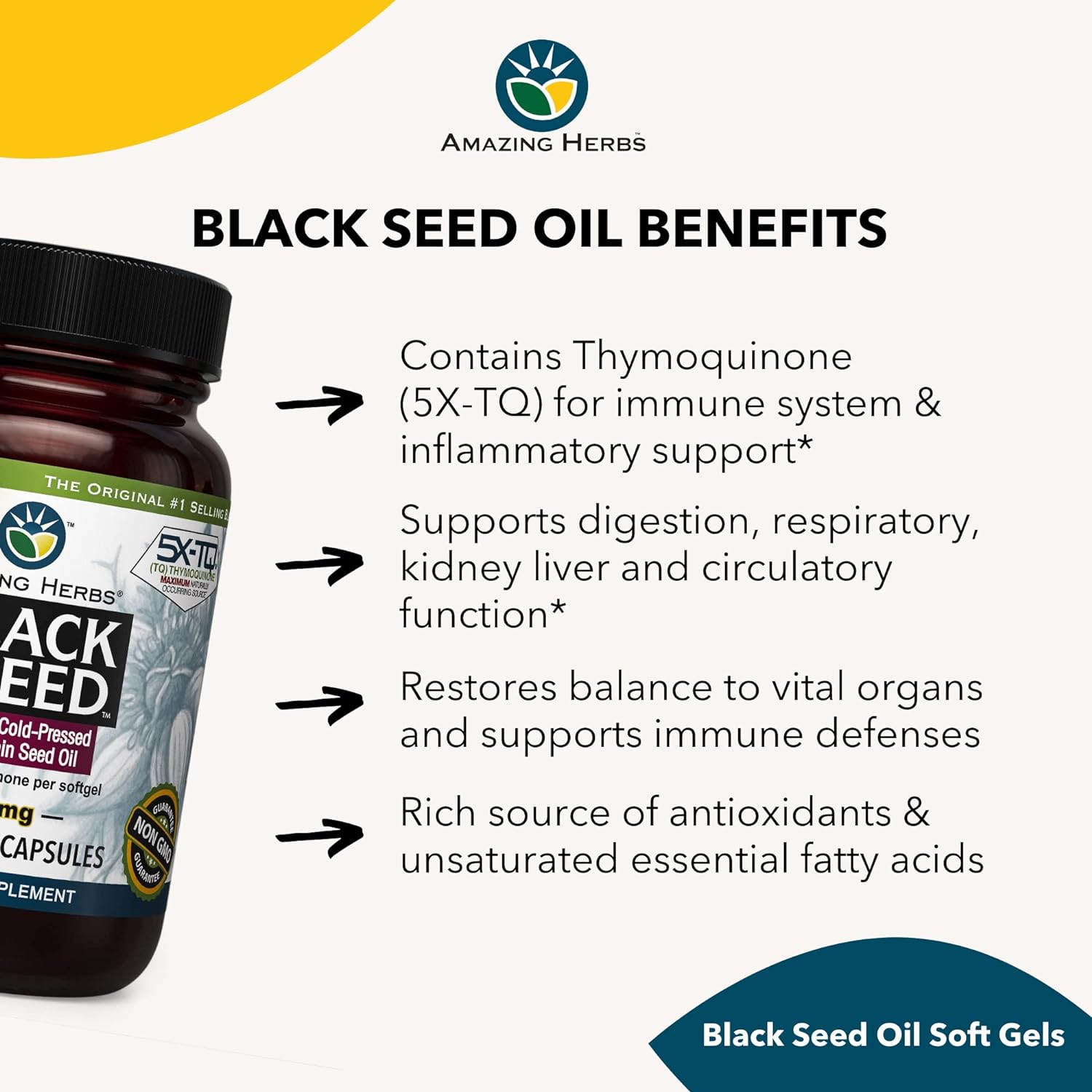 Amazing Herbs Premium Black Seed Oil Capsules - Cold Pressed Nigella S