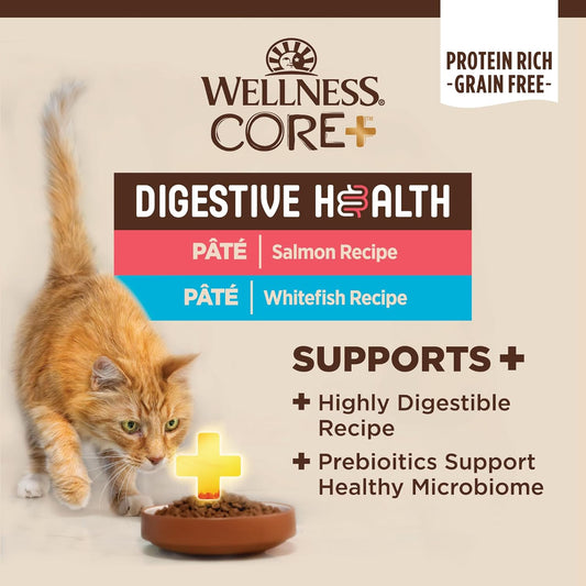 Wellness Core+ Digestive Health Grain-Free Natural Wet Cat Food, Sensitive Stomach, Easily Digestible (Salmon/Whitefish Variety Pack, 3 Ounce Can, 12 Pack)