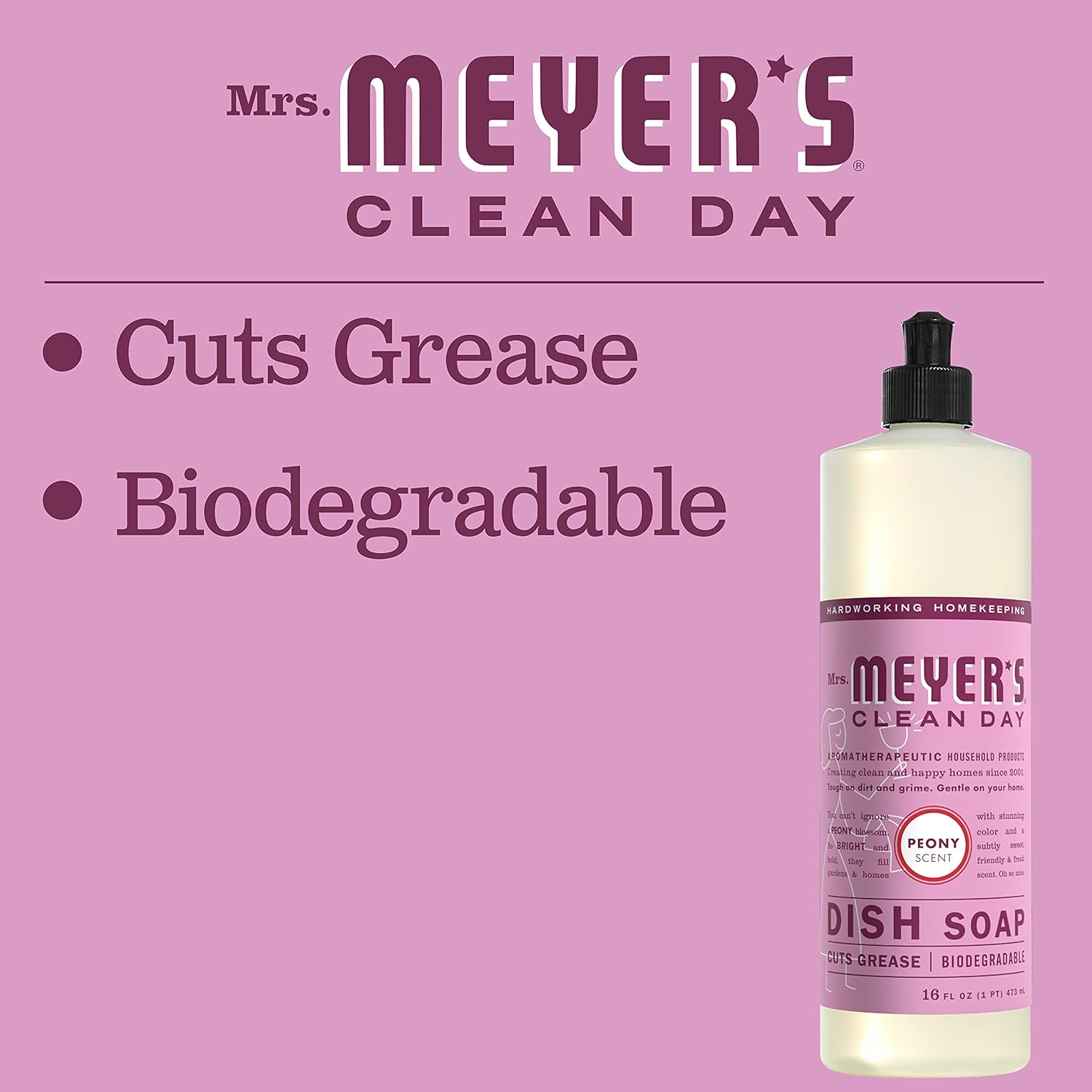 Mrs. Meyer'S Clean Day Liquid Dish Soap, Biodegradable Formula, Peony, 16 Fl. Oz