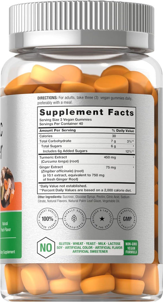 Horbäach Turmeric And Ginger Gummies | 120 Count | Peach Flavor | Vegan Non-Gmo & Gluten Free Supplement