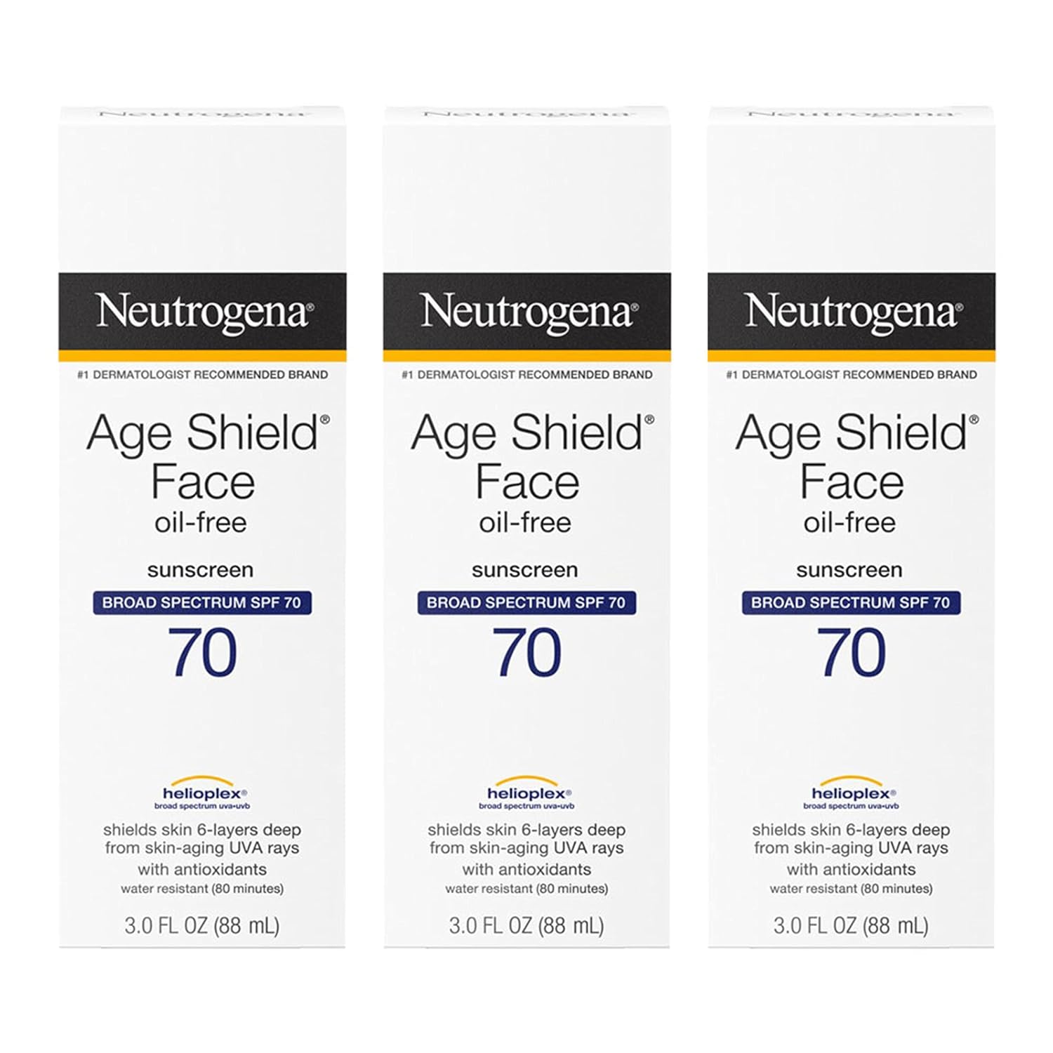 Neutrogena Age Shield Face Oil-Free Sunscreen Lotion with Broad Spectrum SPF 70, Non-Comedogenic Moisturizing Sunscreen to Help Prevent Signs of Aging, PABA-Free, 3 fl. oz (Pack of 3)