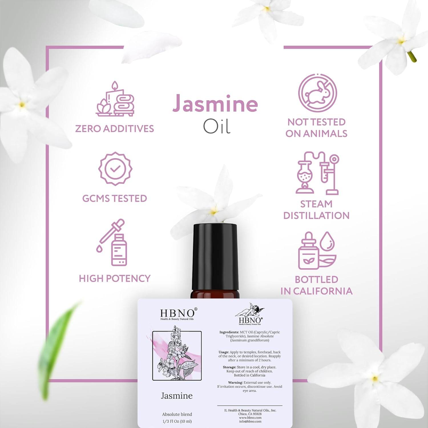 Hbno Jasmine Grandiflorum Oil Roll-On - 1/3 Oz (10 Ml) Travel Size - Jasmine And Mct - Perfect For Traveling, Aromatherapy, Massage, Perfumes, Moisturizer