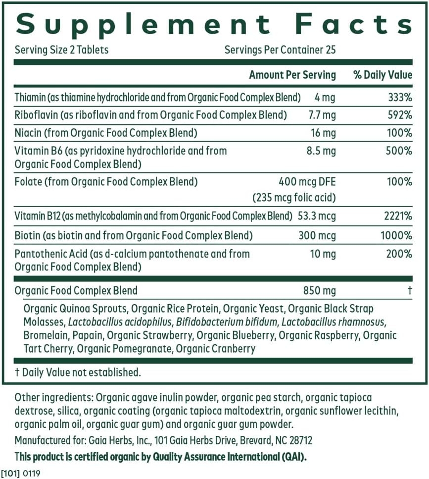 Gaia PRO B-Complex - for Overall Health & Wellness - with Vitamin B12, Vitamin B6, Niacin, Biotin - 50 Vegan Tablets (25 Servings)