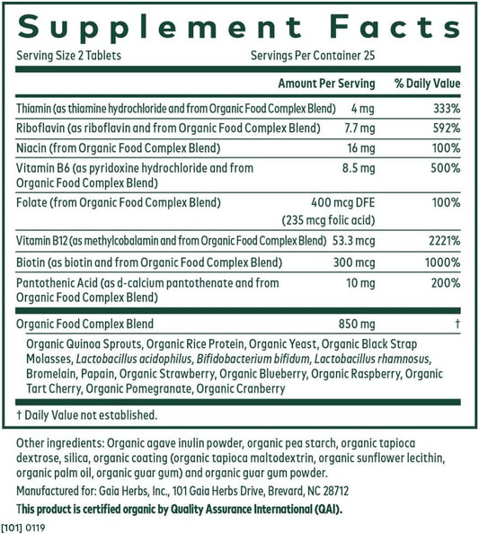 Gaia PRO B-Complex - for Overall Health & Wellness - with Vitamin B12, Vitamin B6, Niacin, Biotin - 50 Vegan Tablets (25 Servings)