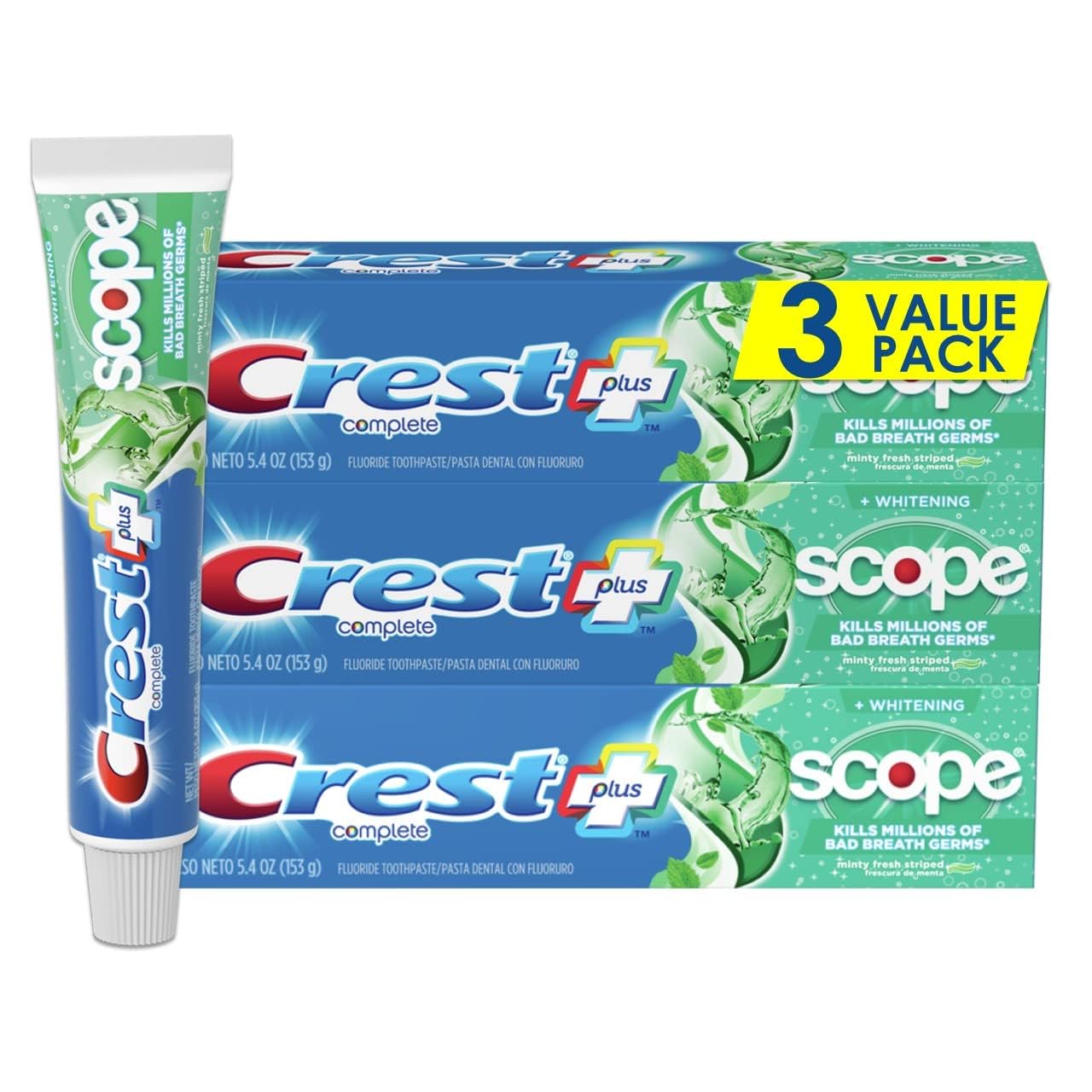 Crest + Scope Complete Whitening Toothpaste - Pack Of 3, 5.4 Oz Tubes - Anticavity Fluoride Toothpaste - Fresh Breath, Kills Germs - Tartar Protection, Enamel Protection - Minty Fresh Flavor