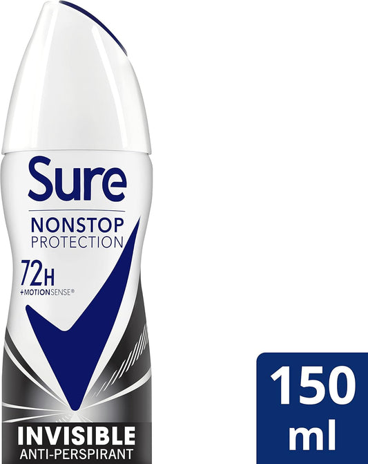 Sure Invisible Black And White Nonstop Protection Deodorant Spray, Protects Against White Marks And Yellow Stains, Anti-Perspirant Deodorant, Aerosol, 72H Protection Against Sweat And Odour, 150 Ml