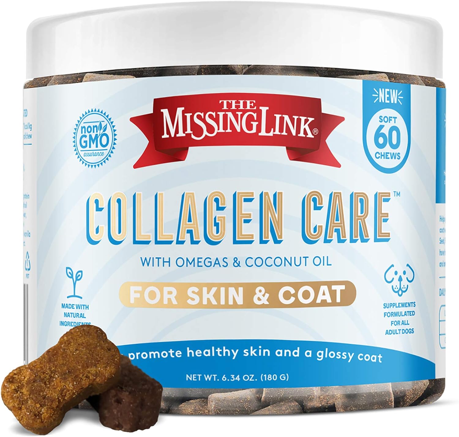 The Missing Link Collagen Care Skin & Coat Soft Chews 60Ct - Daily Hair Growth, Healthy Skin & Strong Nails Support For Dogs