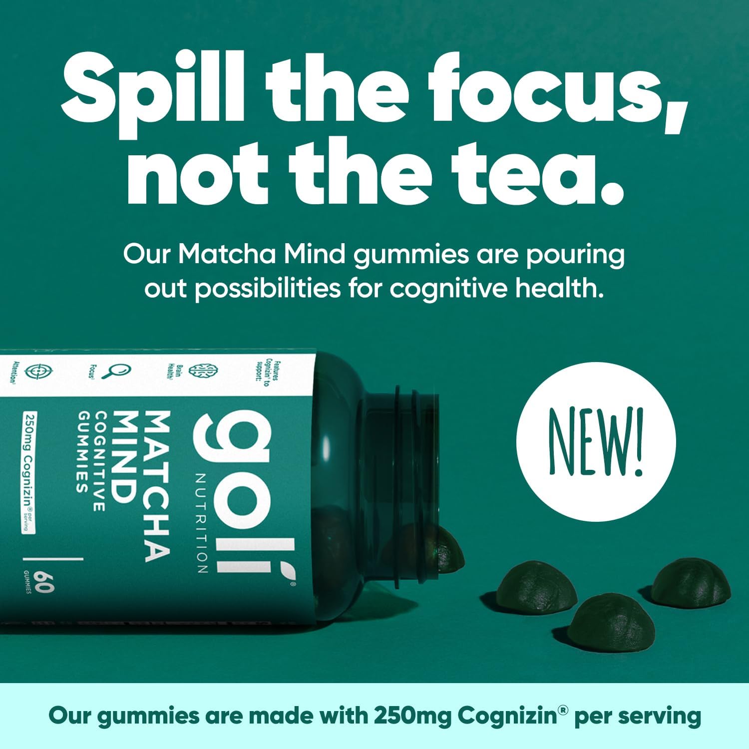 Goli Matcha Mind Gummies - 60 Count - Green Tea Leaves Powder With Cognizin For Focus, Attention And Brain Health, Vegan, Non-Gmo, Gluten-Free & Gelatin Free. : Health & Household