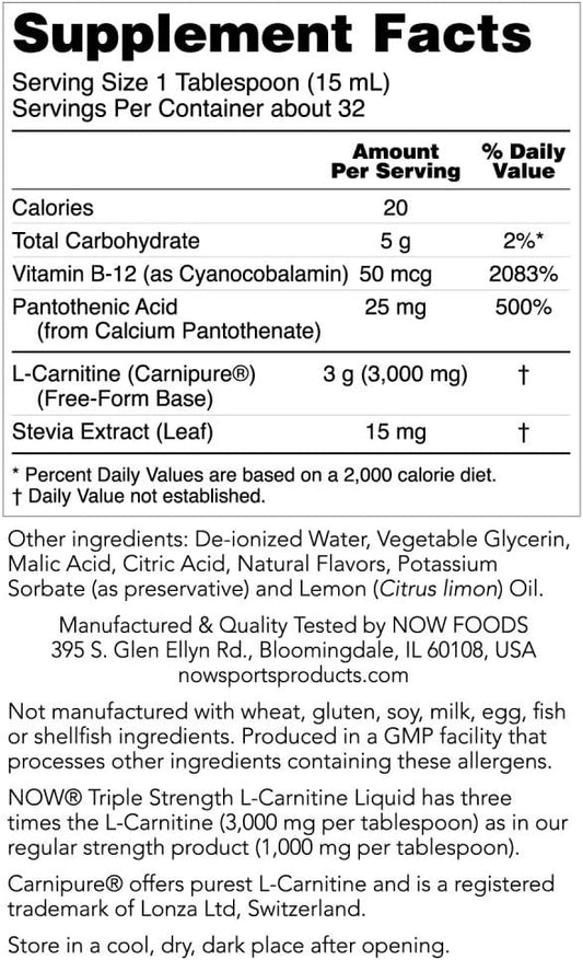 Now Sports Nutrition, L-Carnitine Liquid, Triple Strength 3000 Mg, Citrus, 16-Ounce