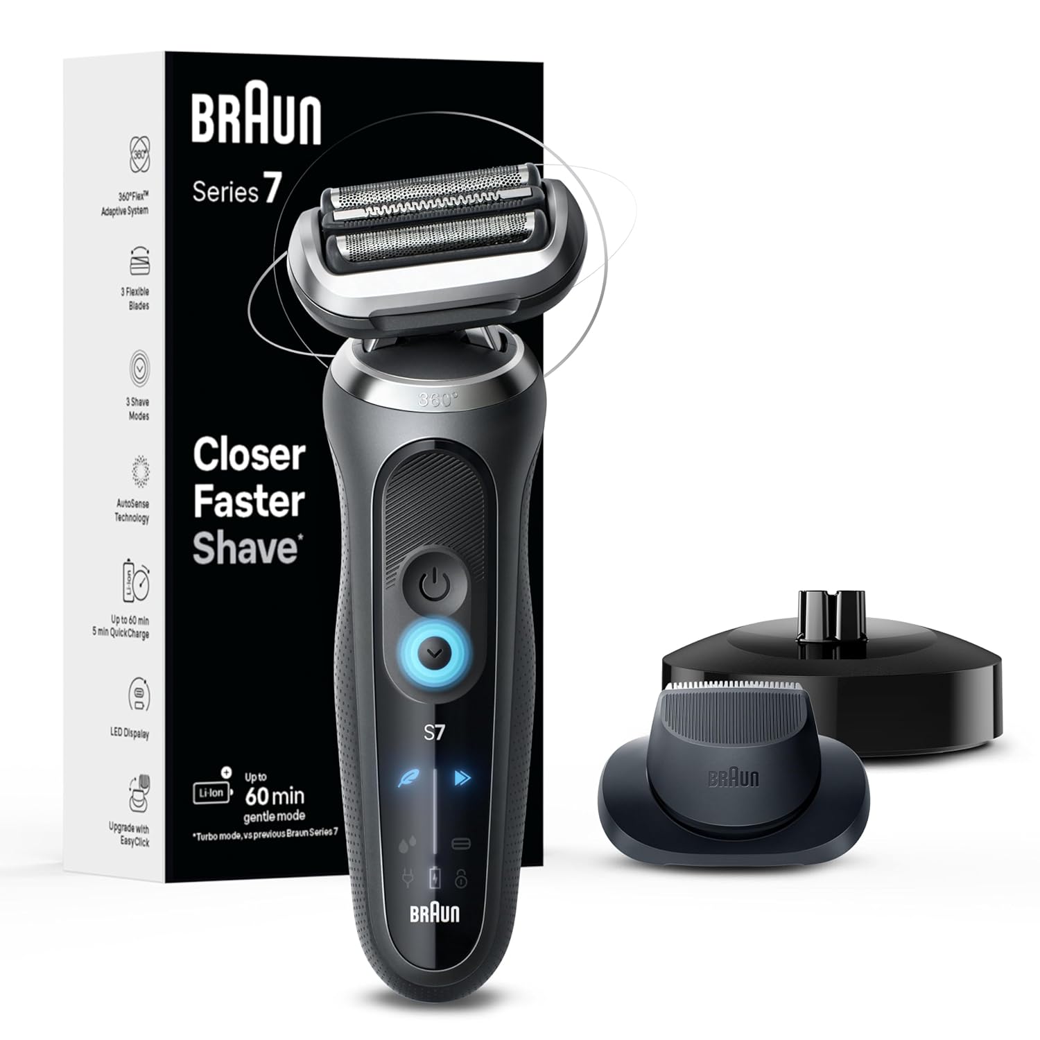 Braun Electric Shaver For Men, Series 7 7127Cs, Wet & Dry Shave, Turbo & Gentle Shaving Modes, Waterproof Foil Shaver, Engineered In Germany, With Beard Trimmer, Charging Stand, Space Grey