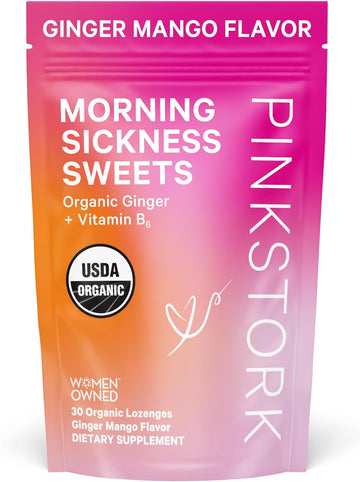 Pink Stork Morning Sickness Sweets, Organic Mango Ginger Candy With Vitamin B6 For Morning Sickness Support And Occasional Motion Sickness, Pregnancy Must Haves - 30 Wrapped Drops