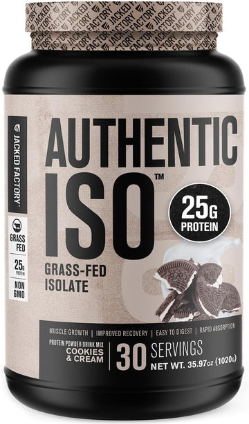 Jacked Factory Authentic Iso Grass Fed Whey Protein Isolate Powder - Low Carb, Non-Gmo Muscle Building Protein W/No Fillers, Post Workout Recovery, Cookies & Cream