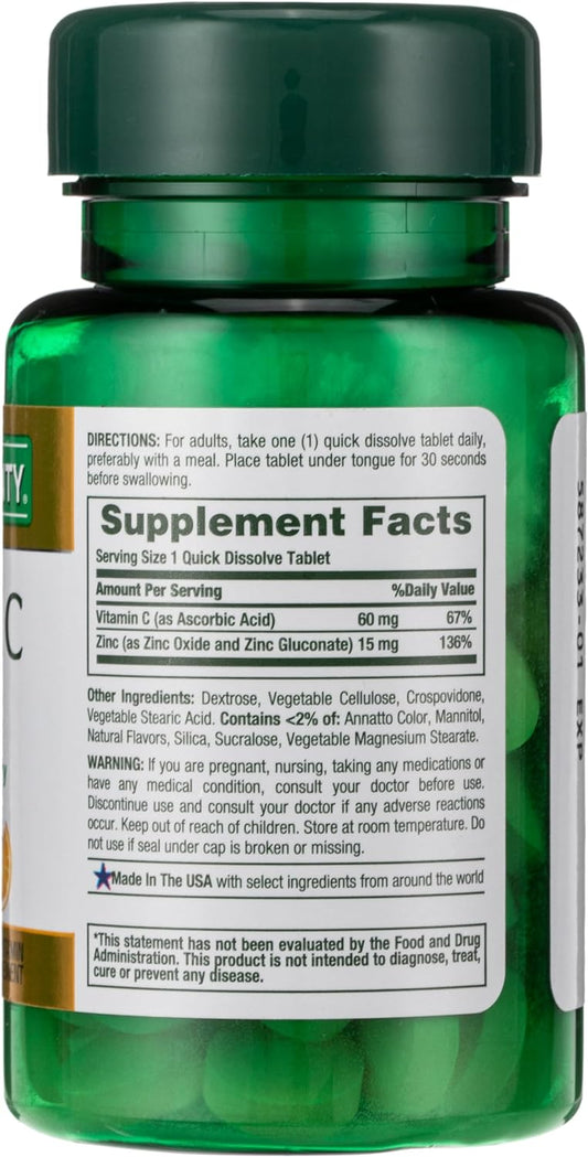 Nature'S Bounty, Vitamin C + Zinc, Supports Immune Health, Vitamin Supplement, 60 Mg, 60 Tablets