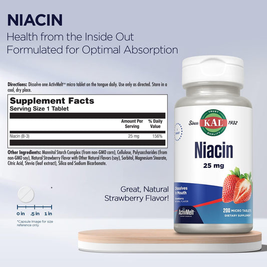 Kal 25 Mg Niacin Tablets, Strawberry, 200 Count