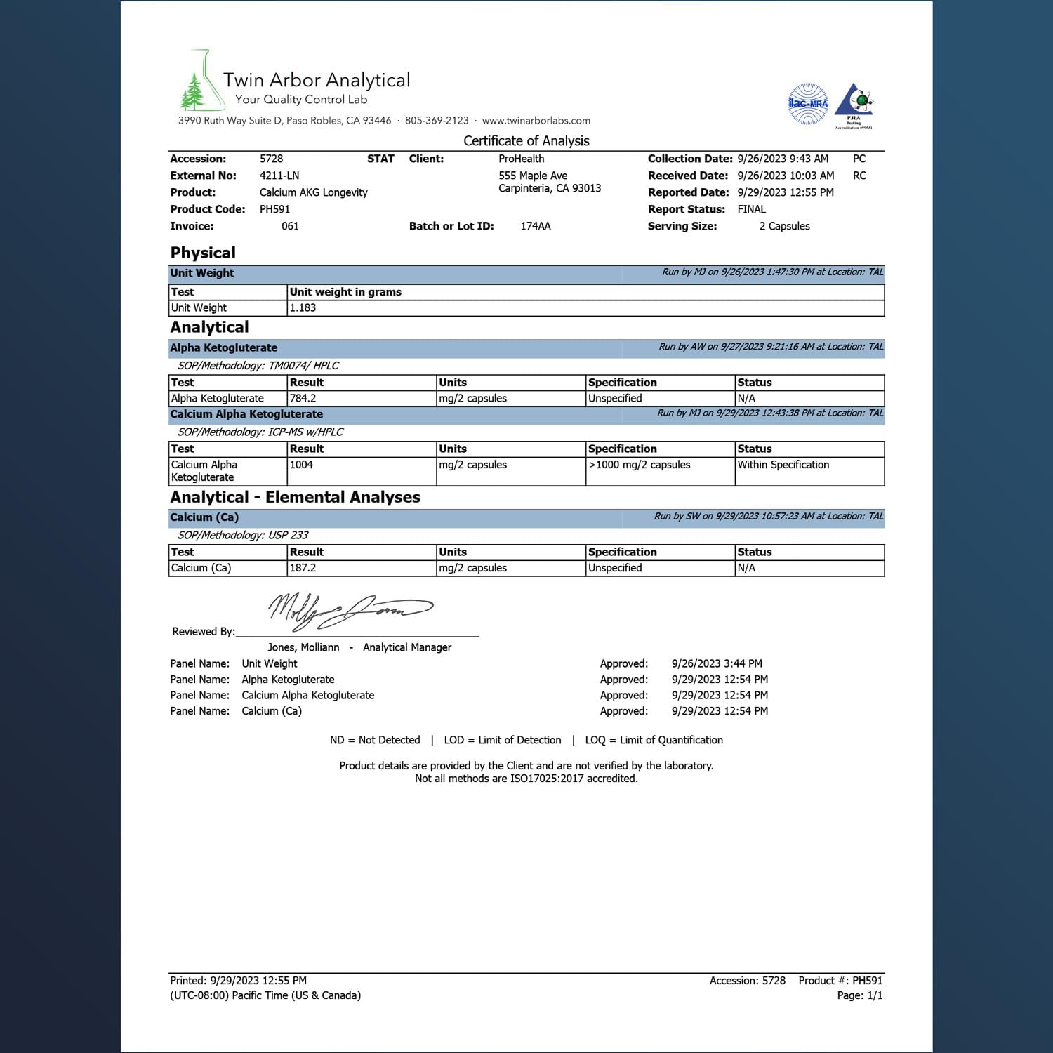 ProHealth Calcium AKG Longevity (Alpha Ketoglutarate) (1,000 mg per 2 