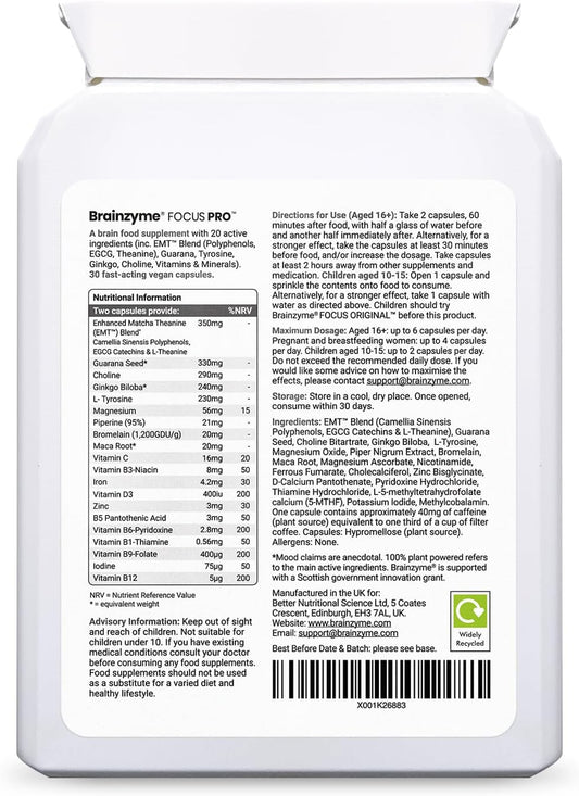 Brainzyme® Focus Pro [Single Pack] Nootropic Cognitive Enhancer. Clear Brain Fog. Alpha Brain. Strong Focus, Energy, Motivation & Memory. Tyrosine, Choline. 8 Hour Energy Boost