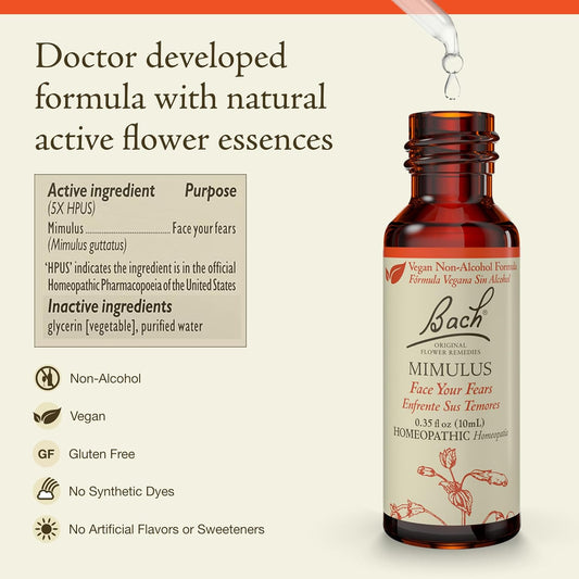 Bach Original Flower Remedies, Mimulus (Non-Alcohol Formula) - Face Your Fears - Natural Homeopathic Flower Essence For Emotional Balance - Vegan, Gluten Free, Sugar Free - 10Ml Dropper