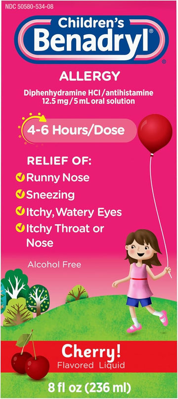 Benadryl Children'S Allergy Relief Liquid Medicine With Diphenhydramine Hcl Antihistamine For Kids' Allergy Relief, Effective Allergy Relief, Cherry Flavor, 8 Fl. Oz