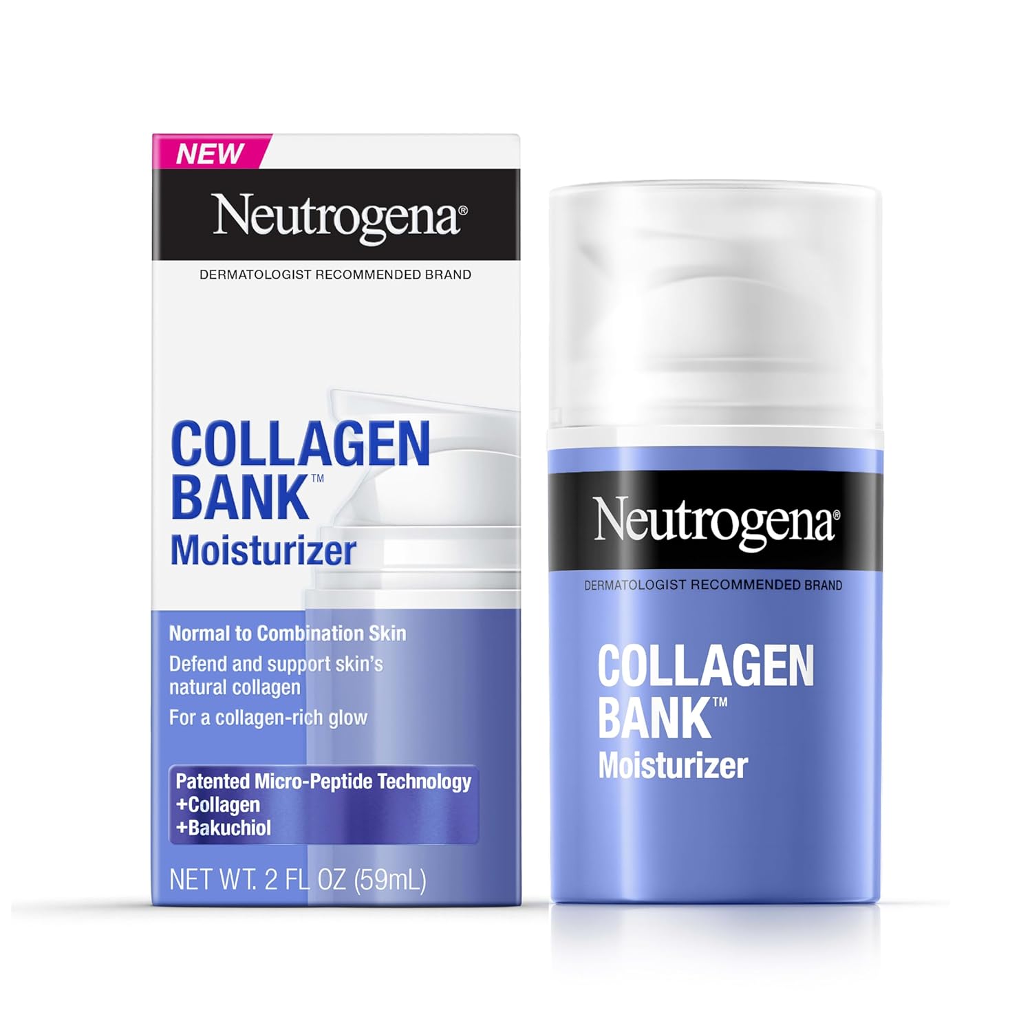 Neutrogena Collagen Bank Facial Moisturizer, Daily Collagen Face Moisturizer + Bakuchiol For Visibly Glowing, Plump Skin, Non-Comedogenic, Lightweight & Fragrance-Free, 2 Fl. Oz