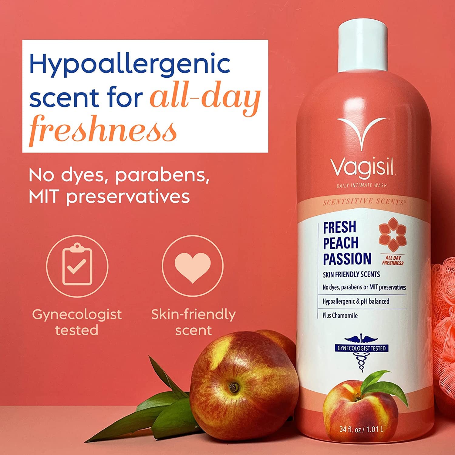 Vagisil Scentsitive Scents Fresh Peach Passion Daily Intimate Wash for Women, Gynecologist Tested, 34 Fl Oz (1L) : Health & Household