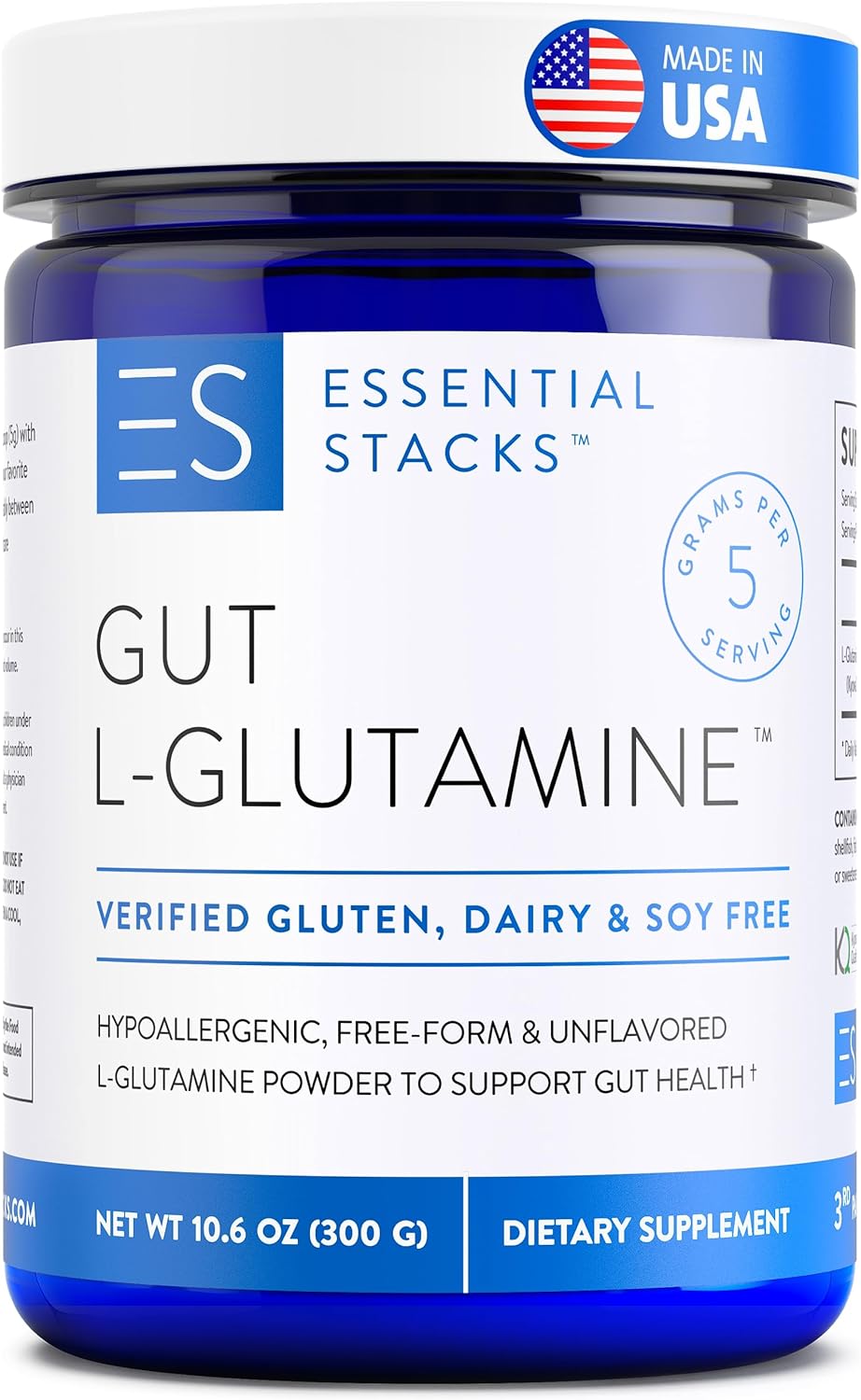 Essential Stacks Gut L-Glutamine Powder - Made in USA - Pure L Glutamine Powder for Gut Health - Dairy, Soy & Gluten Free, Non-GMO, Vegan Glutamine Supplement
