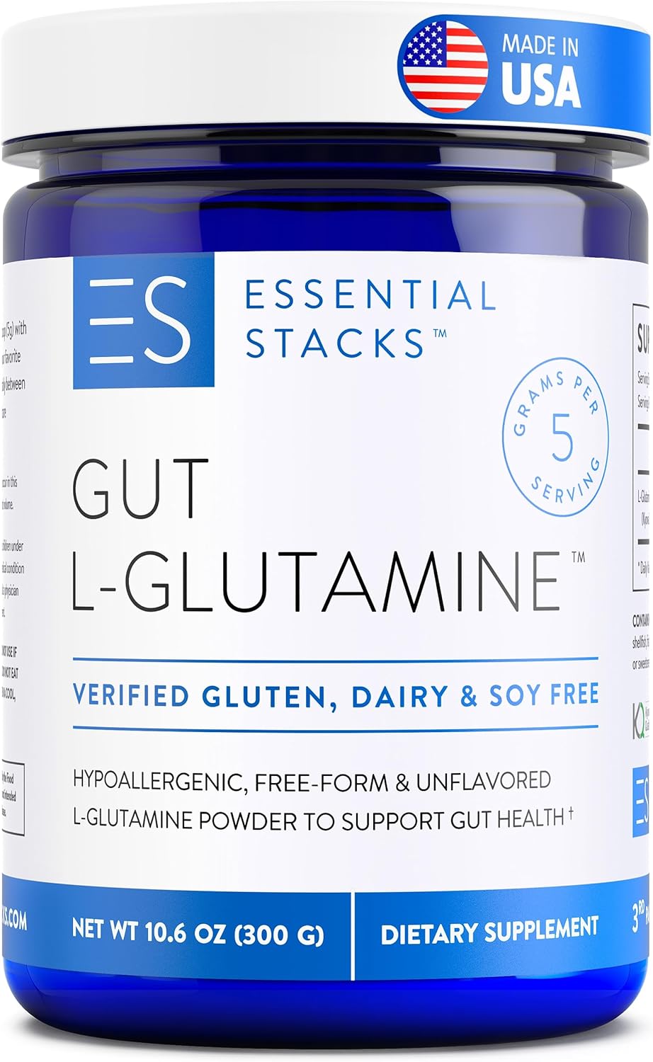 Essential Stacks Gut L-Glutamine Powder - Made In Usa - Pure L Glutamine Powder For Gut Health - Dairy, Soy & Gluten Free, Non-Gmo, Vegan Glutamine Supplement