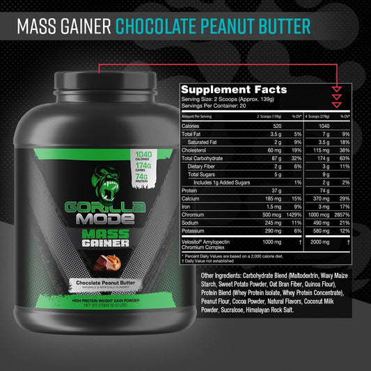 Gorilla Mind Mass Gainer (Chocolate Peanut Butter) – 70G Protein | 1040 Calories | 175G Carbs | High Protein Weight Gain Powder