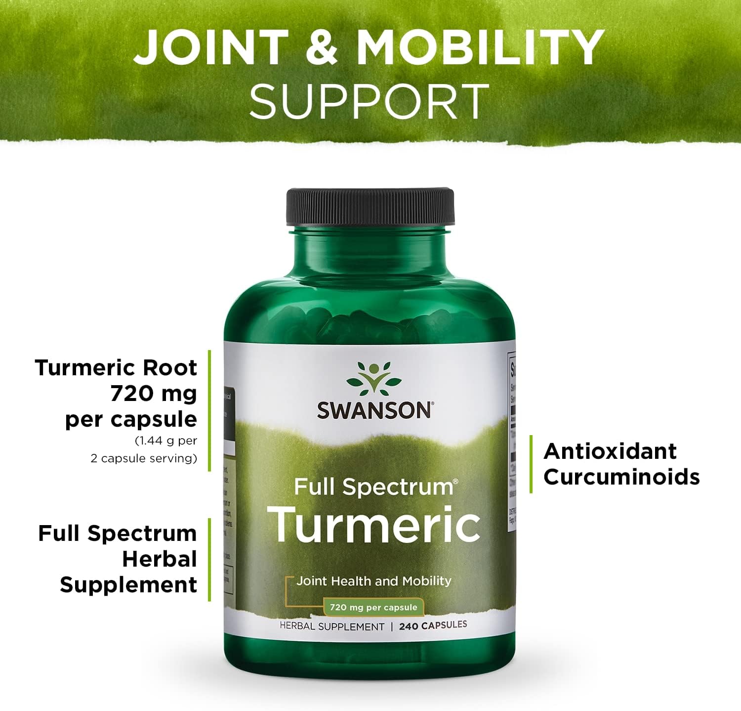 Swanson Full Spectrum Turmeric (Curcumin) - Joint Health, Digestion, Heart Health & Liver Support Supplement - Curcuma Longa Formula Promoting Memory Support - (240 Capsules)