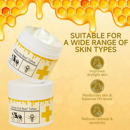 Beef Tallow For Skin, Beef Tallow, Tallow And Honey Cream, Grass Fed Beef Tallow, Whipped Beef Tallow For Face Moisturizer For All Purpose With Raw Honey Tallow Balm 150 Gram(5.3Oz)