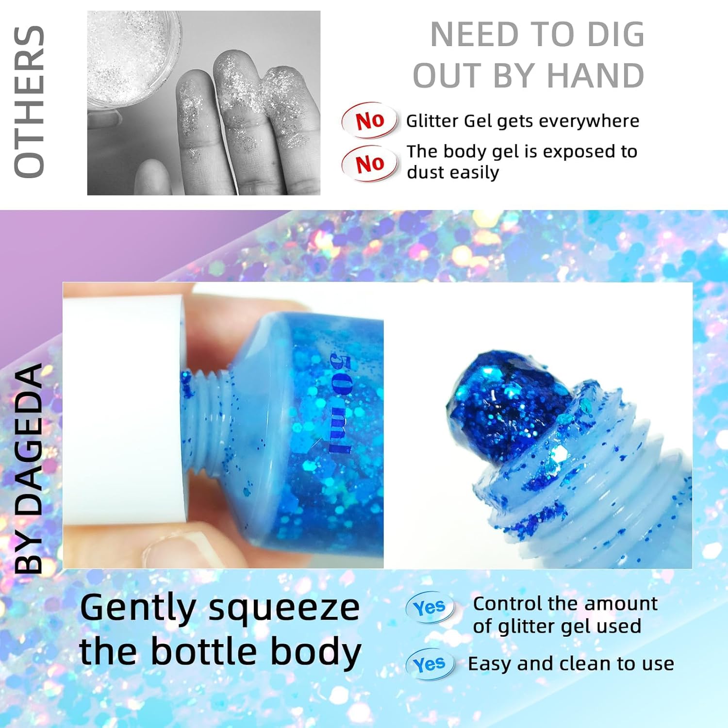 Dageda Body Glitter Gel, Holographic Face Glitters Body Gel Shimmer Liquid Eyeshadow, Color Changing Glitter For Face Hair Nails, Glitter Under Light Festival Glitter Makeup 1.7Oz (Sparkling Pink) : Beauty & Personal Care