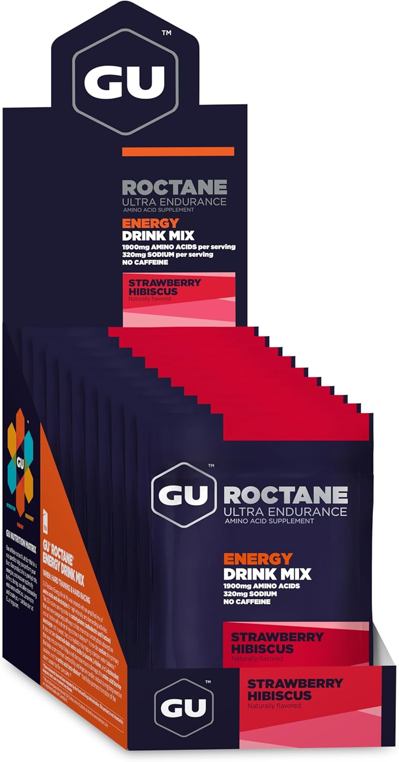 Gu Energy Roctane Ultra Endurance Energy Drink Mix, Vegan, Gluten-Free, Kosher, Caffeine- Free, And Dairy-Free N-The-Go Energy For Any Workout, 10 Single Serve Travel Size Packets, Strawberry Hibiscus