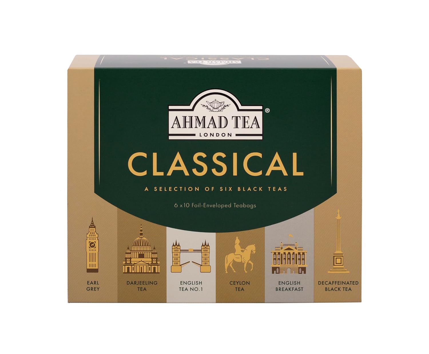 Ahmad Tea Black Tea, Classic Selection Pack Teabags, 60 Foil Teabags - Caffeinated, Decaffeinated, & Sugar-Free