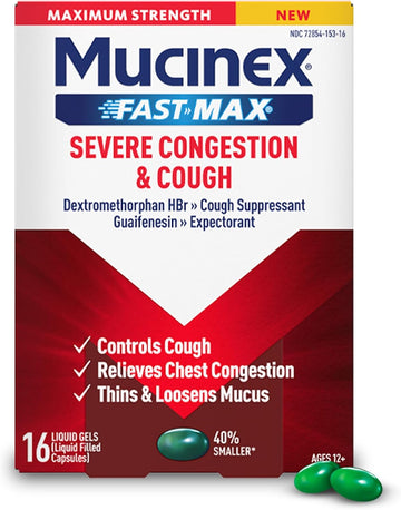 Mucinex Fast-Max Severe Congestion & Cough, Maximum Strength Dextromethorphan Hbr Cough Medicine For Adults, Guaifenesin Expectorant For Excess Mucus Relief, 16 Liquid Gels