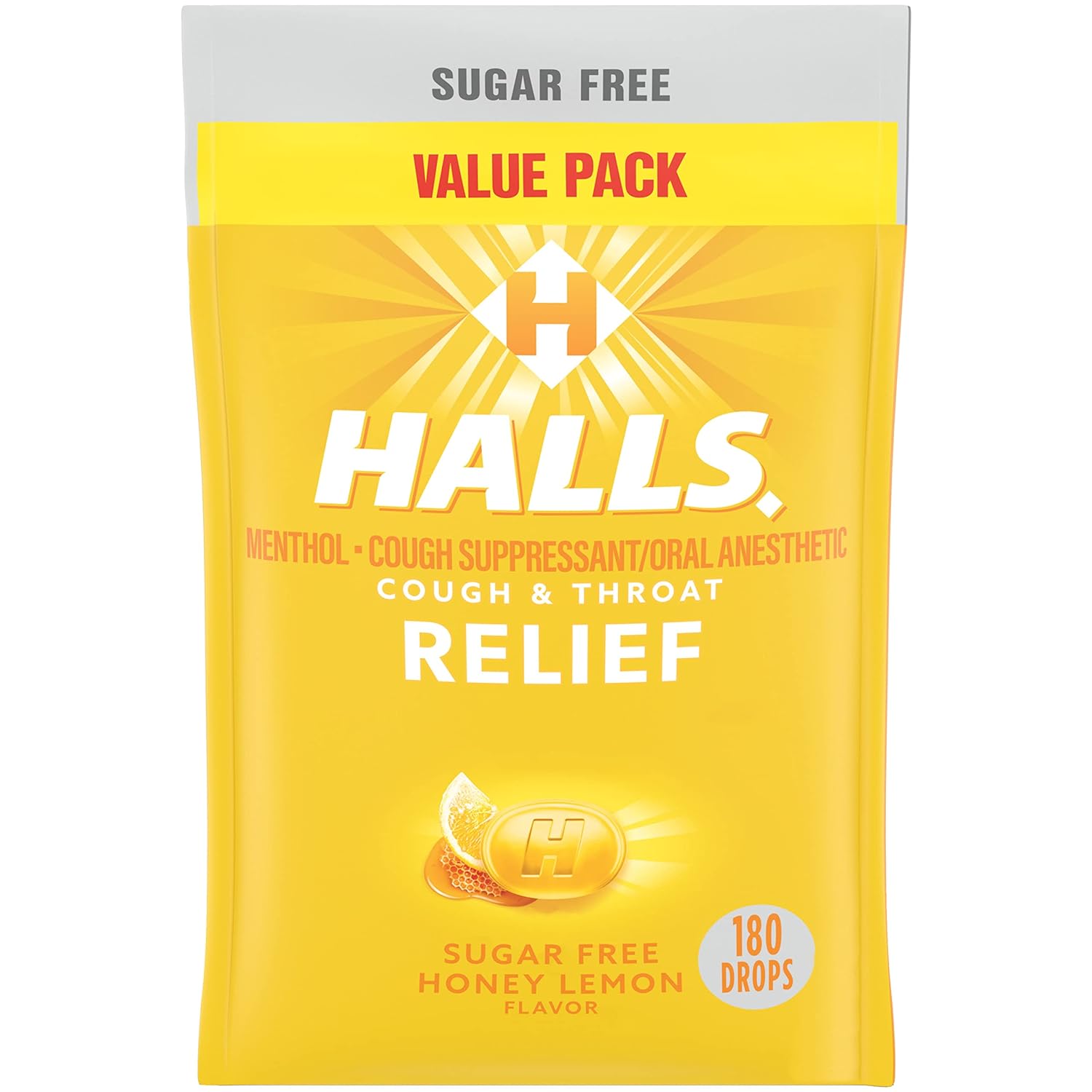 HALLS Relief Honey Lemon Sugar Free Cough Drops, Value Pack, 180 Drops