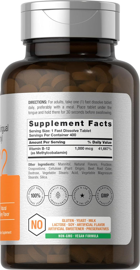 Horbäach Vitamin B12 Sublingual 1000 Mcg | 400 Fast Dissolve Tablets | Methylcobalamin Supplement For Adults | Natural Berry Flavor | Vegan, Vegetarian, Non-Gmo, And Gluten Free