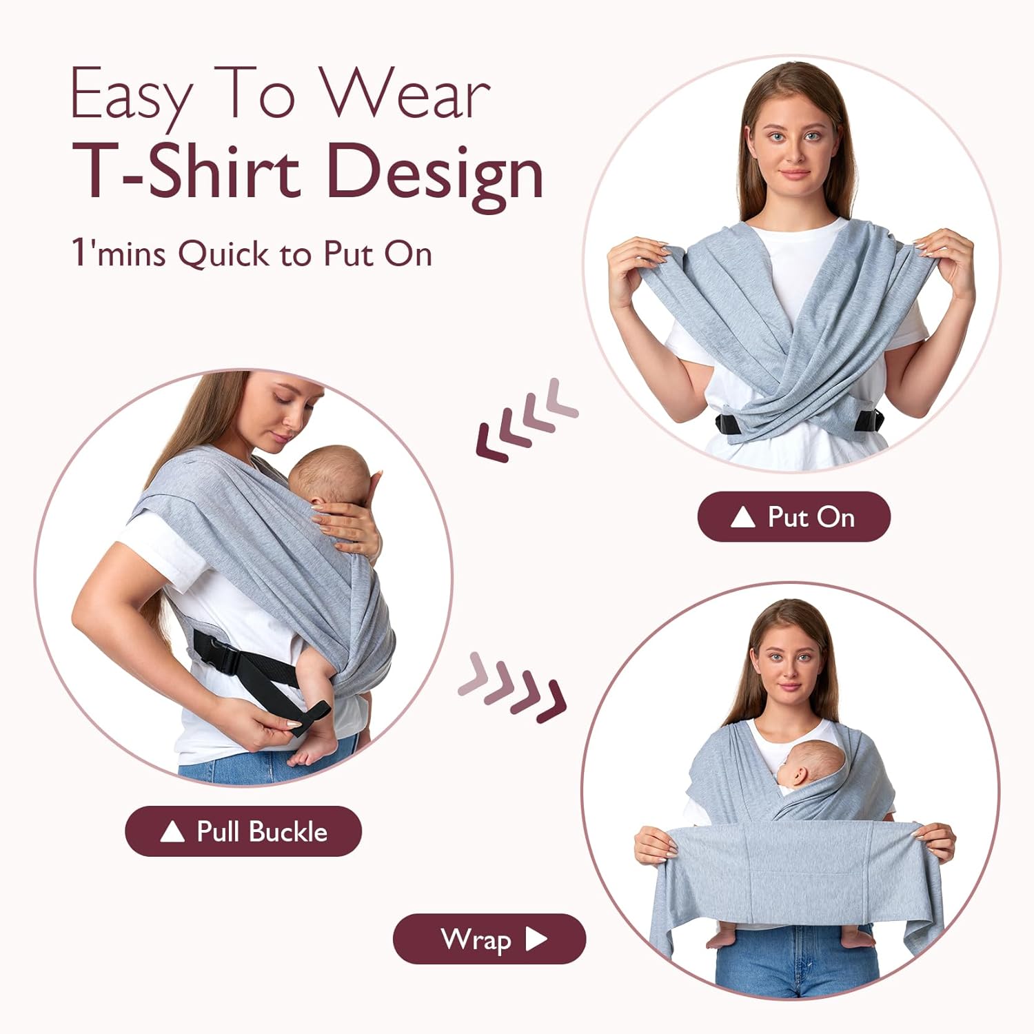 Momcozy Baby Wrap Carrier Skin-Friendly Fabric, Easy to Wear Baby Carrier Sling T-Shirt Design, Hands Free Baby Carriers Newborn to Toddler 8-35lbs, Adjustable Buckle Suit for Waist Waist 47-57, Grey : Baby