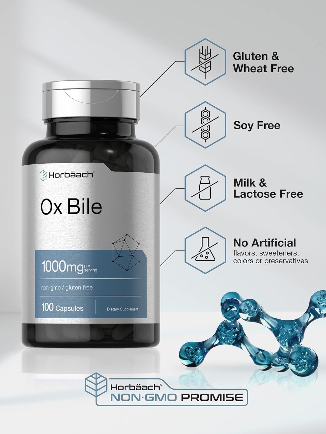 Ox Bile 1000 mg 100 Capsules | Digestive Enzymes Supplement | Non-GMO & Gluten Free | by Horbaach : Health & Household