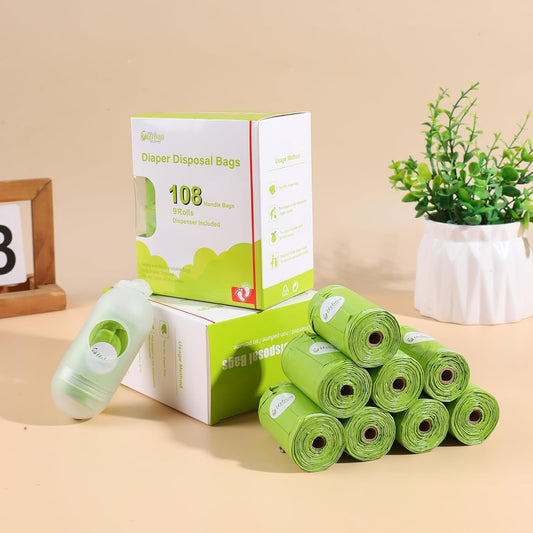 Disposable Diaper Bags For Baby, 9 Refill Rolls/108 Bags?Oxo-Biodegradable Diaper Sacks With Dispenser,Easy-Tie Handles,Large Dirty Diaper Disposal Or Pet Waste Bags