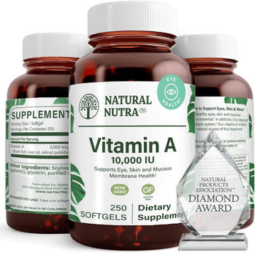 Natural Nutra Vitamin A 10,000 Iu, Dietary Supplement From Cod Liver Oil, Extra Strength For Eye, Nails Health With Omega 3, Gluten Free 250 Softgels