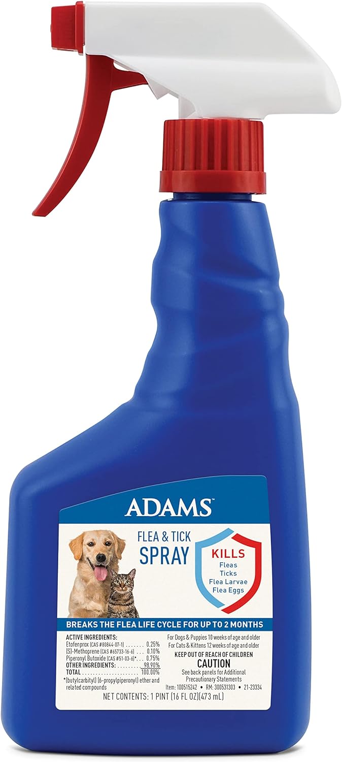 Adams Flea & Tick Spray For Dogs and Cats | Kills Fleas and Ticks Through Contact, Kills Flea Eggs, Flea Larvae, and Prevents Flea Egg Hatch | Controls Flea Reinfestation For Up To 2 Months | 16 Oz