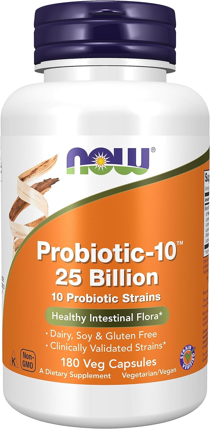 Now Foods, Probiotic-10™, 25 Billion, With 10 Probiotic Strains, Dairy, Soy And Gluten Free, Strain Verified, 180 Veg Capsules