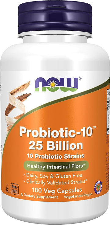 NOW Foods, Probiotic-10™, 25 Billion, with 10 Probiotic Strains, Dairy, Soy and Gluten Free, Strain Verified, 180 Veg Capsules