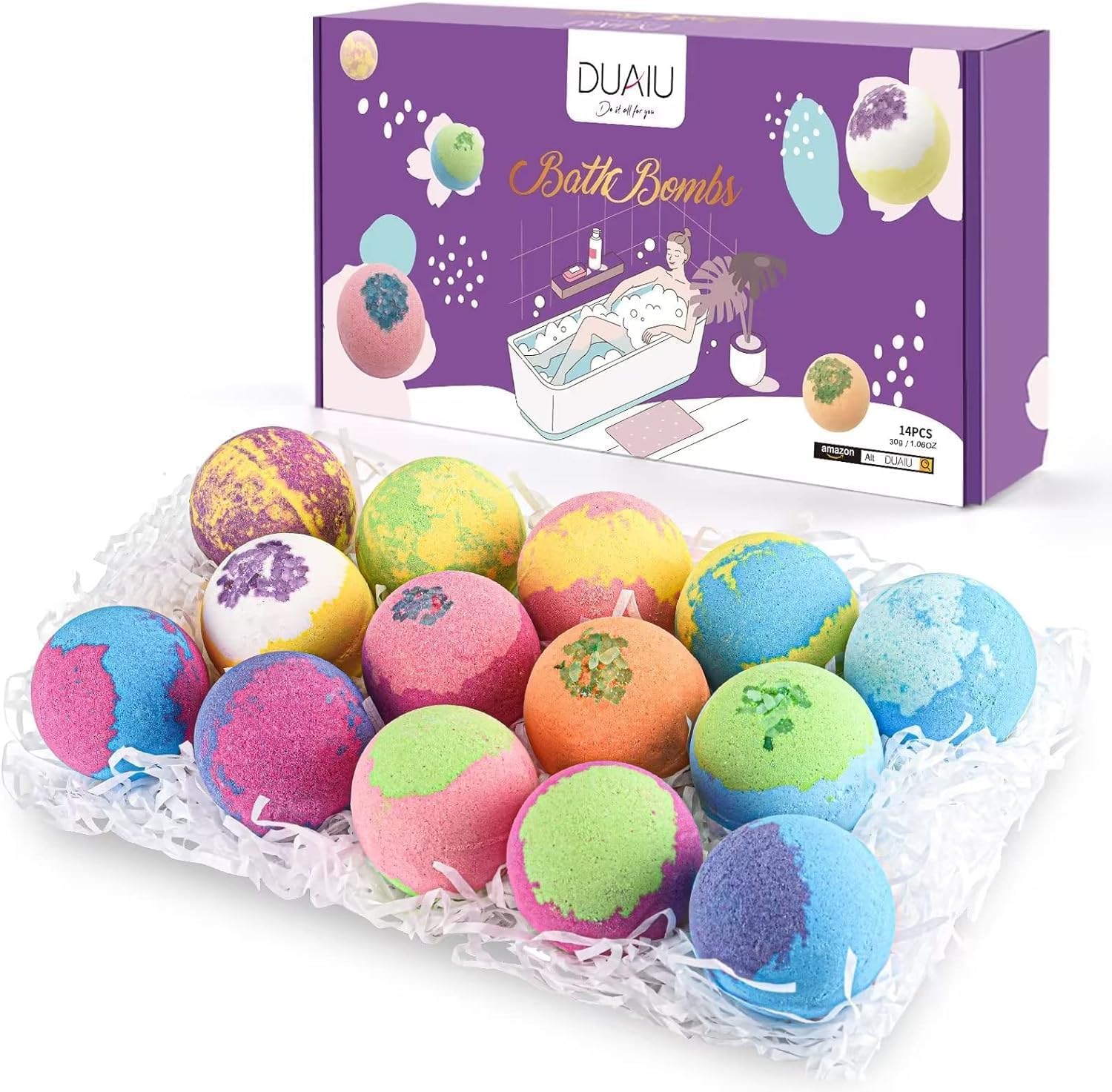 Duaiu 14Pcs Gift Set: Organic Bath Bombs With Natural Essential Oils - Relaxing Bath Gift Set For Women, Kids, Her, Him, Wife, Girlfriend, Mother, Dad