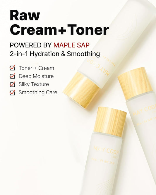 May Coop Raw Cream Skin Face Toner – 2-In-1 Toner & Moisturizer With 85% Maple Sap For Deep Hydration, Softening & Nourishing - Korean Skincare, Vegan Clean Beauty, 3.71 Fl.Oz