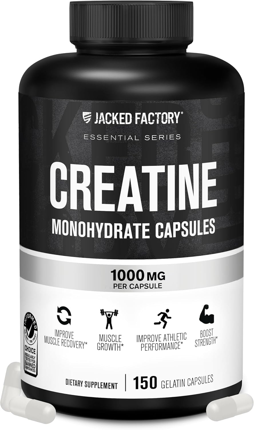 Jacked Factory Creatine Monohydrate Capsules - Creatine Pills For Muscle Growth, Increased Strength, Enhanced Energy Output And Improved Athletic Performance - 150 Capsules