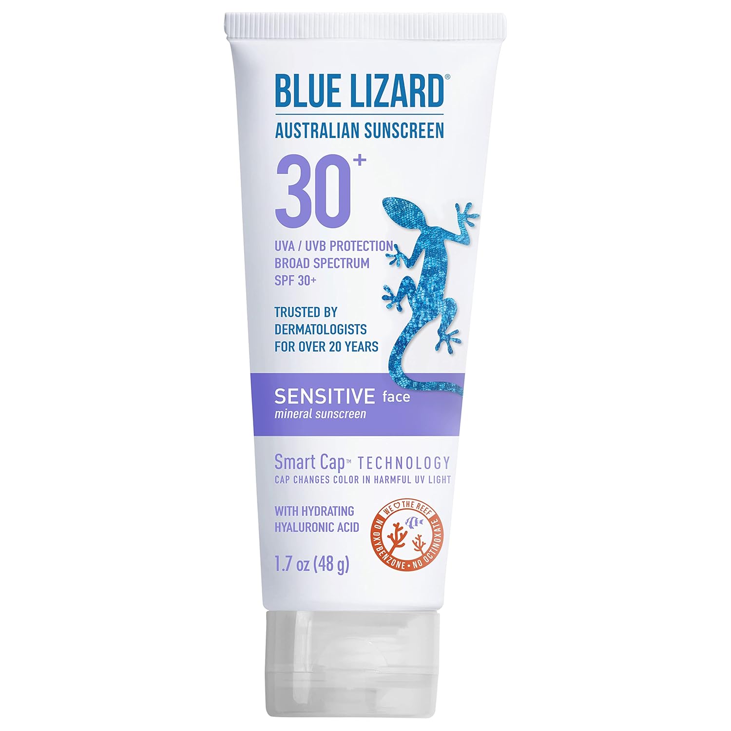 Blue Lizard Sensitive Face Mineral Sunscreen With Zinc Oxide And Hydrating Hyaluronic Acid, Spf 30+, Water Resistant, Uva/Uvb Protection With Smart Cap Technology - Fragrance Free, 1.7 Oz