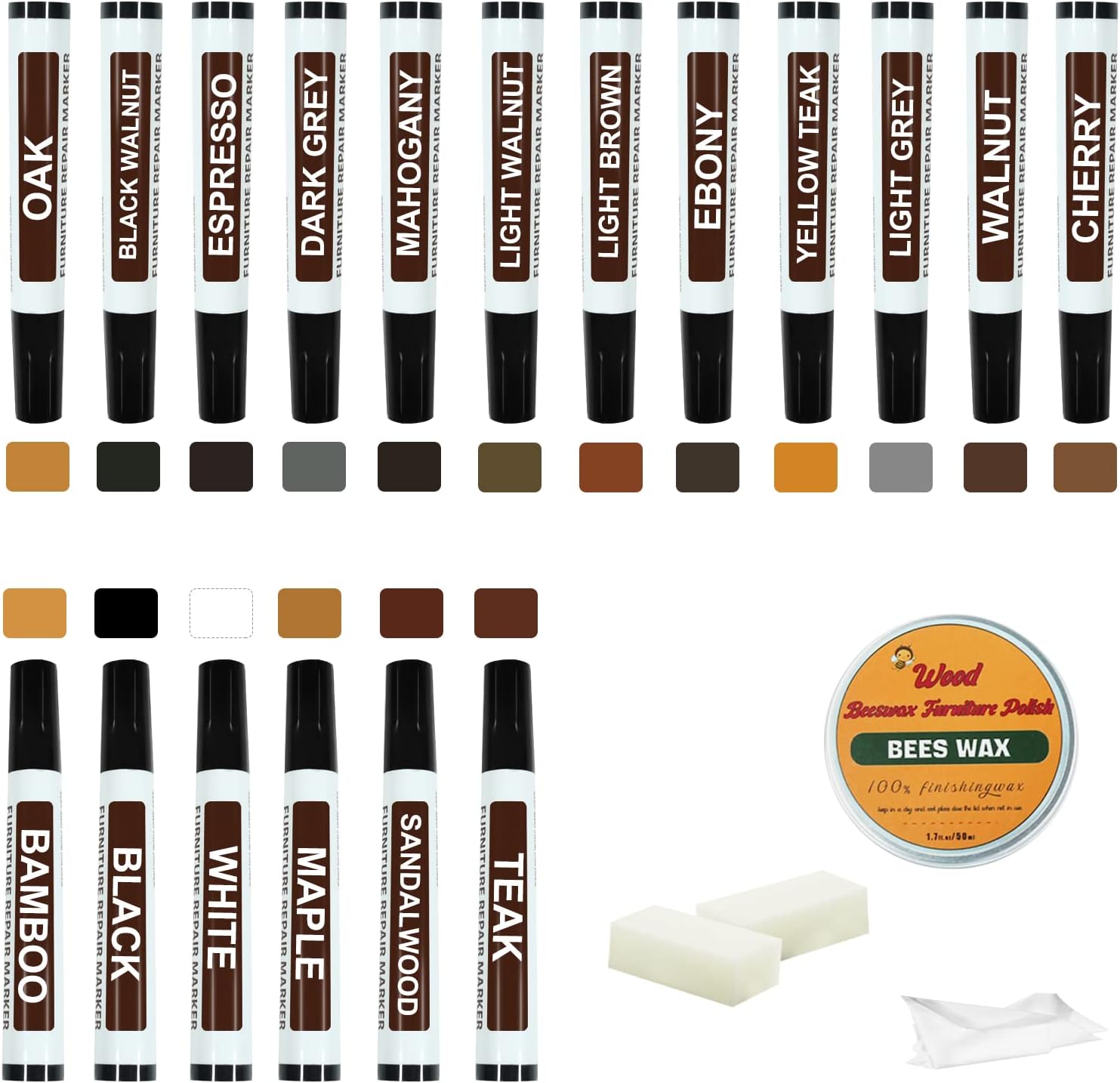 Furniture Markers Touch Up Kit - New Upgrade 18 Colors Wood Scratch Repair Kit with Beeswax Furniture Polish, Wood Markers Pens for Scratches, Stains - Restore Wooden Floor, Table, Cabinet, Bedpost