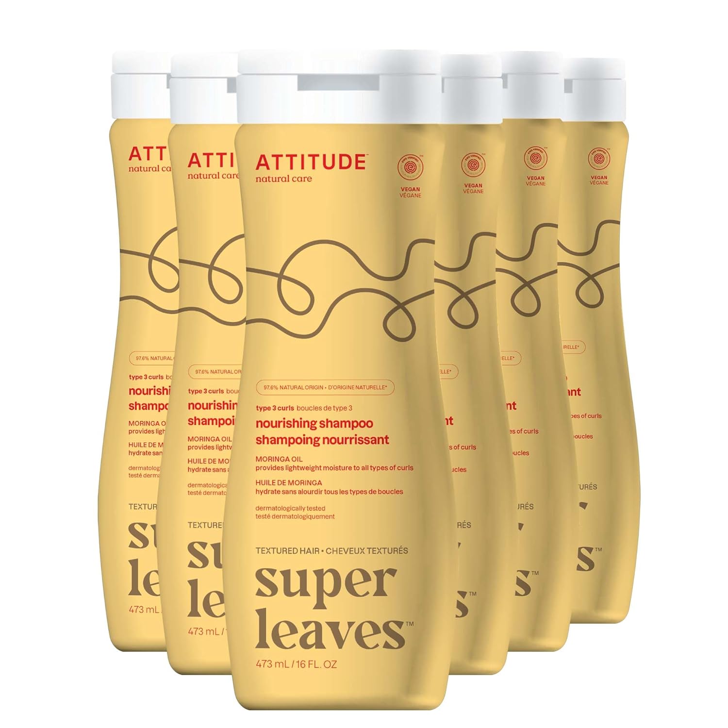 Attitude Nourishing Shampoo For Curly Hair 3A – 3C With Moringa Oil, Vegan, Naturally Derived Ingredients, Provides Lightweight Moisture, 16 Fl Oz (Pack Of 6)