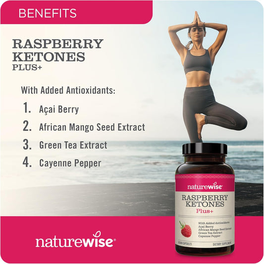 Naturewise Raspberry Ketones Plus - Advanced Ketones In Raspberry Blend Supports Antioxidant Health, Boosts Energy, Supports Weight Targets Vegan & Gluten-Free (120 Veggie Capsules)