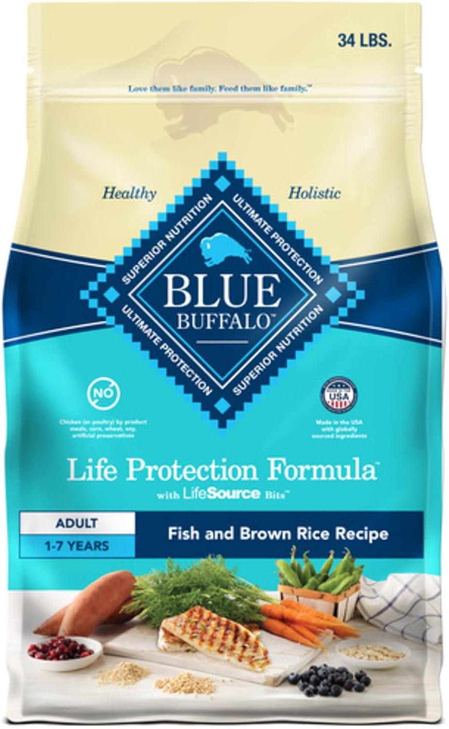 Blue Buffalo Life Protection Formula Adult Dry Dog Food, Helps Build And Maintain Strong Muscles, Made With Natural Ingredients, Fish & Brown Rice Recipe, 34-Lb. Bag